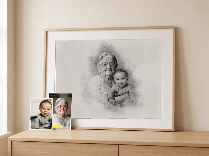 A graphite portrait of a grandmother holding a baby, framed in oak, with the two photographs it was made from leaning against it.