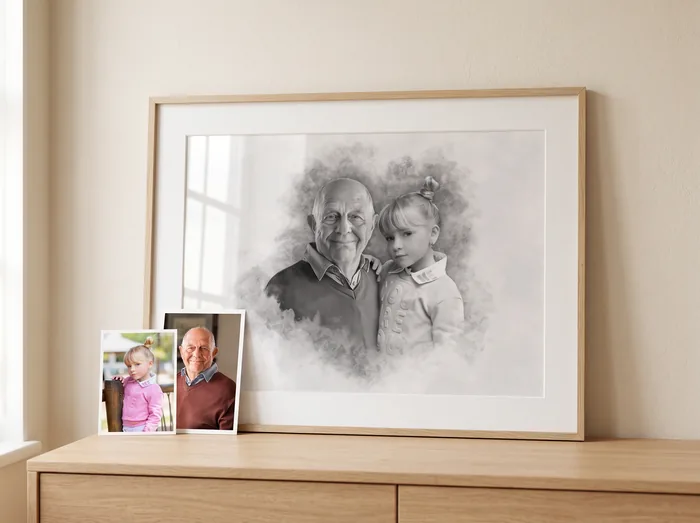 A graphite portrait of a grandfather and a young girl, framed in oak, with the two photographs it was made from leaning against it.