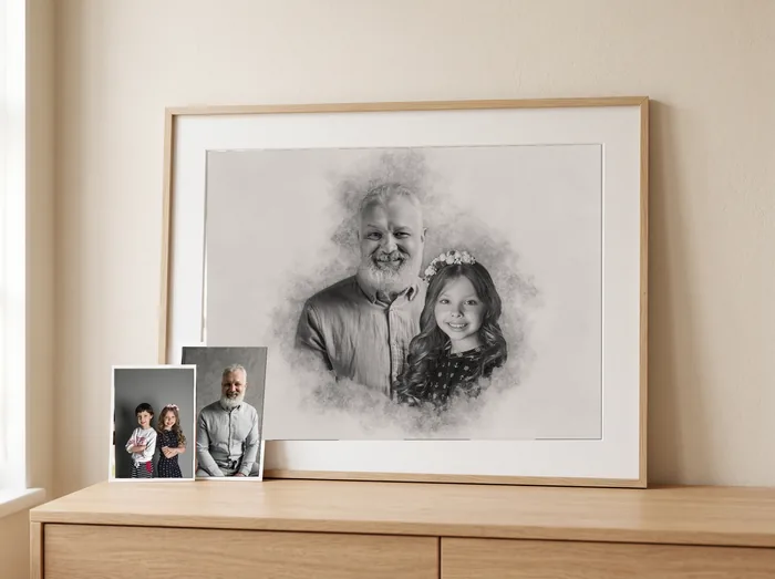 A graphite portrait of a bearded grandfather and his granddaughter, framed in oak, with the two photographs it was made from leaning against it.