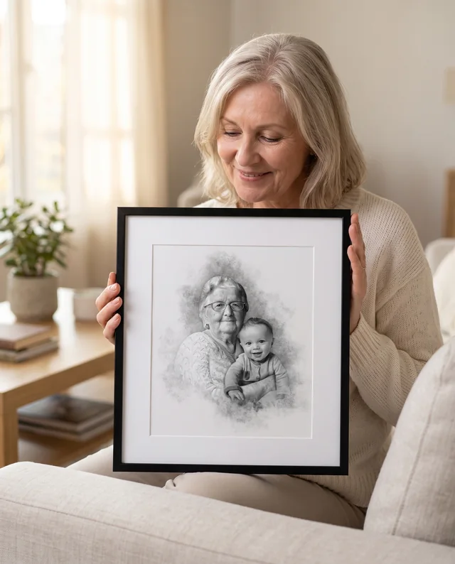 A woman on a sofa holding a framed graphite portrait of a grandmother and a baby, smiling.