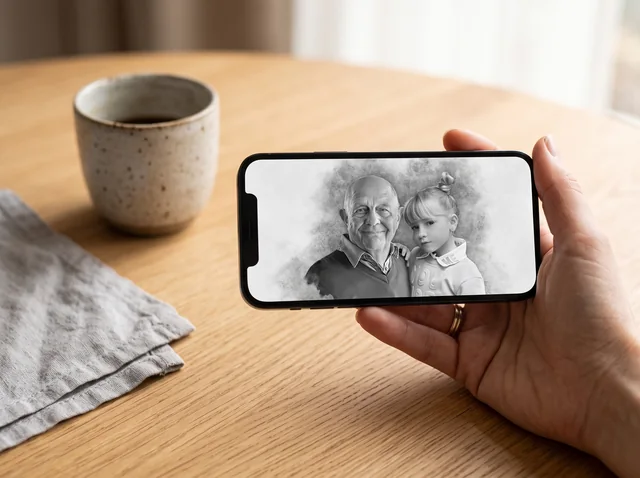 The graphite portrait on a phone screen, held over a table.